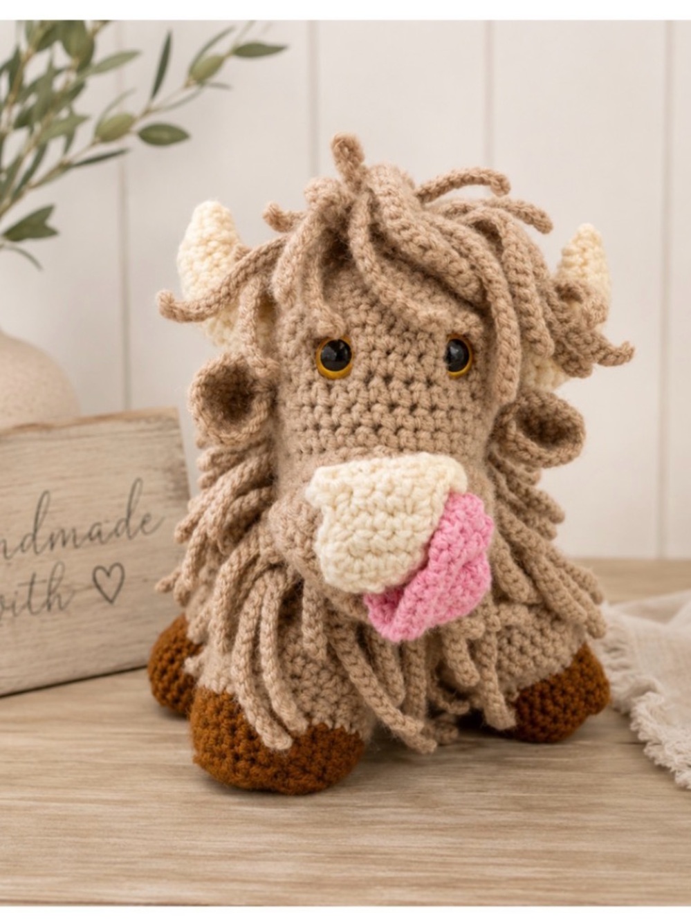 Crochet Highland Cow Plush Toy - Beige, Cream & Pink